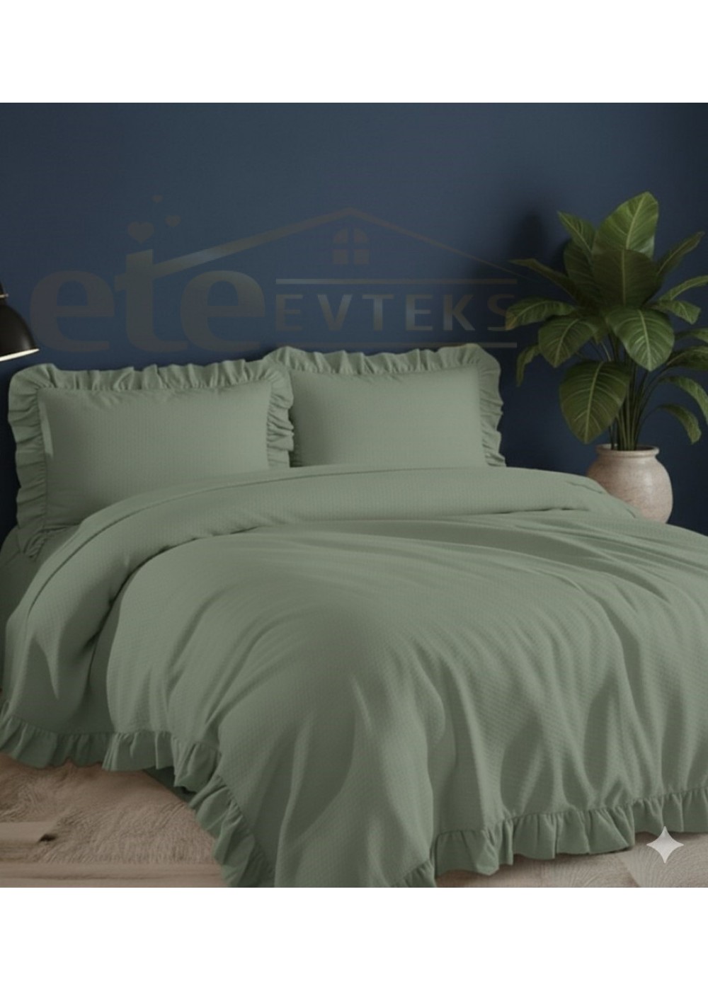 ETEHOMETEX %100 Doğal Pamuk Tek Kişilik Fırfırlı Nevresim Seti 160x220 cm YEŞİL 8696474232068